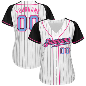 Custom White Black Pinstripe Light Blue-Black Authentic Raglan Sleeves Baseball Jersey