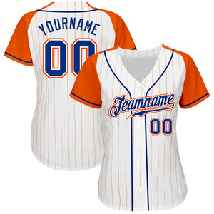 Custom White Orange Pinstripe Royal-Orange Authentic Raglan Sleeves Baseball Jersey