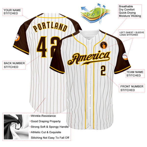 Custom Baseball Jersey White Brown Pinstripe Brown-Gold Authentic Raglan Sleeves Men's Size:XL