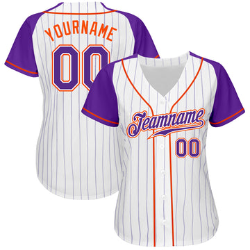 Custom White Purple Pinstripe Purple-Orange Authentic Raglan Sleeves Baseball Jersey