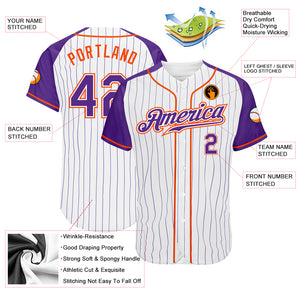 Custom White Purple Pinstripe Purple-Orange Authentic Raglan Sleeves Baseball Jersey