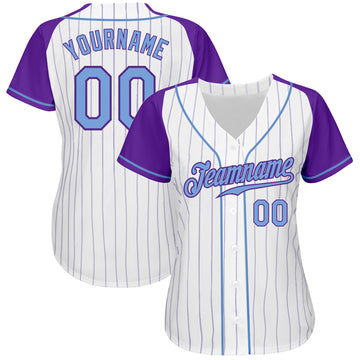 Custom White Purple Pinstripe Light Blue-Purple Authentic Raglan Sleeves Baseball Jersey