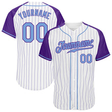 Загрузить изображение в средство просмотра галереи, Custom White Purple Pinstripe Light Blue-Purple Authentic Raglan Sleeves Baseball Jersey
