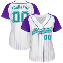 Загрузить изображение в средство просмотра галереи, Custom White Purple Pinstripe Teal-Purple Authentic Raglan Sleeves Baseball Jersey
