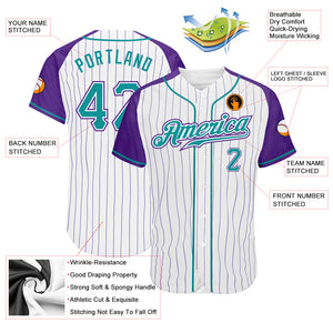 Custom White Purple Pinstripe Teal-Purple Authentic Raglan Sleeves Baseball Jersey