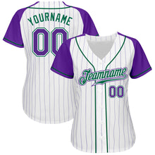 Загрузить изображение в средство просмотра галереи, Custom White Purple Pinstripe Purple-Kelly Green Authentic Raglan Sleeves Baseball Jersey
