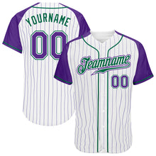 Загрузить изображение в средство просмотра галереи, Custom White Purple Pinstripe Purple-Kelly Green Authentic Raglan Sleeves Baseball Jersey
