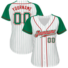 Загрузить изображение в средство просмотра галереи, Custom White Kelly Green Pinstripe Kelly Green-Red Authentic Raglan Sleeves Baseball Jersey
