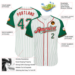 Custom White Kelly Green Pinstripe Kelly Green-Red Authentic Raglan Sleeves Baseball Jersey