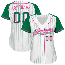 Загрузить изображение в средство просмотра галереи, Custom White Kelly Green Pinstripe Kelly Green-Pink Authentic Raglan Sleeves Baseball Jersey
