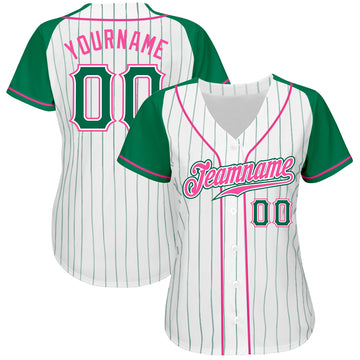 Custom White Kelly Green Pinstripe Kelly Green-Pink Authentic Raglan Sleeves Baseball Jersey