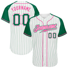 Загрузить изображение в средство просмотра галереи, Custom White Kelly Green Pinstripe Kelly Green-Pink Authentic Raglan Sleeves Baseball Jersey
