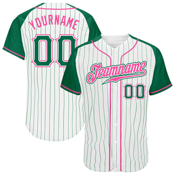 Custom White Kelly Green Pinstripe Kelly Green-Pink Authentic Raglan Sleeves Baseball Jersey