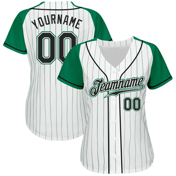 Custom White Kelly Green Pinstripe Black-Kelly Green Authentic Raglan Sleeves Baseball Jersey