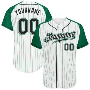 Custom White Kelly Green Pinstripe Black-Kelly Green Authentic Raglan Sleeves Baseball Jersey