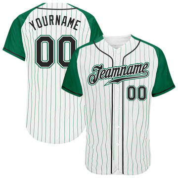 Custom White Kelly Green Pinstripe Black-Kelly Green Authentic Raglan Sleeves Baseball Jersey