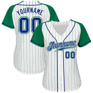 Custom White Kelly Green Pinstripe Royal-Kelly Green Authentic Raglan Sleeves Baseball Jersey