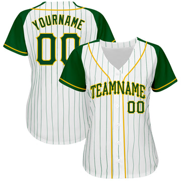 Custom White Green Pinstripe Green-Gold Authentic Raglan Sleeves Baseball Jersey