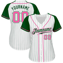 Загрузить изображение в средство просмотра галереи, Custom White Green Pinstripe Pink-Green Authentic Raglan Sleeves Baseball Jersey
