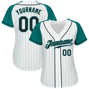 Custom White Aqua Pinstripe Black-Aqua Authentic Raglan Sleeves Baseball Jersey