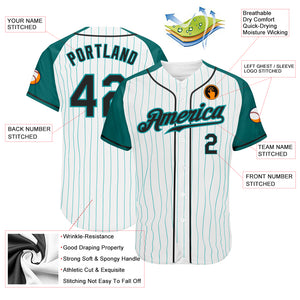 Custom White Aqua Pinstripe Black-Aqua Authentic Raglan Sleeves Baseball Jersey