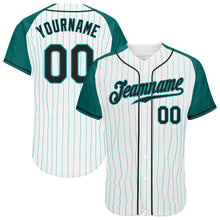 Загрузить изображение в средство просмотра галереи, Custom White Aqua Pinstripe Black-Aqua Authentic Raglan Sleeves Baseball Jersey
