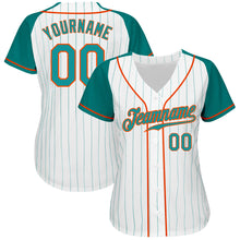 Загрузить изображение в средство просмотра галереи, Custom White Aqua Pinstripe Aqua-Orange Authentic Raglan Sleeves Baseball Jersey
