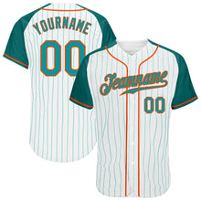 Загрузить изображение в средство просмотра галереи, Custom White Aqua Pinstripe Aqua-Orange Authentic Raglan Sleeves Baseball Jersey
