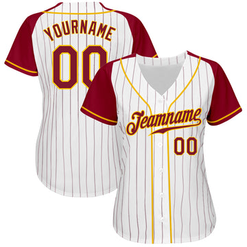 Custom White Crimson Pinstripe Crimson-Gold Authentic Raglan Sleeves Baseball Jersey