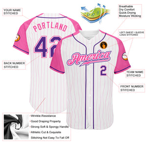 Custom White Pink Pinstripe Purple-Pink Authentic Raglan Sleeves Baseball Jersey