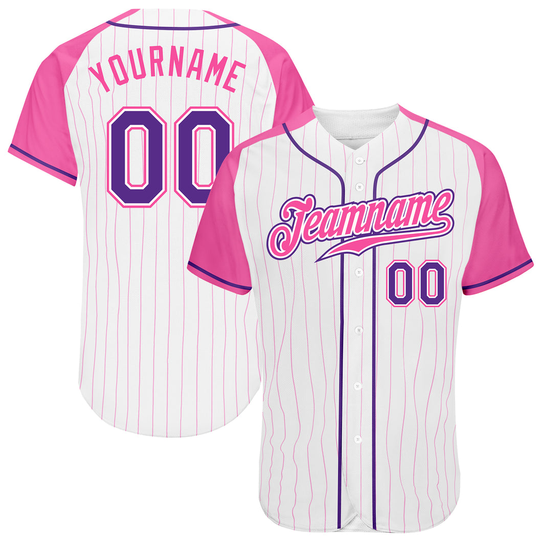 Custom White Pink Pinstripe Purple-Pink Authentic Raglan Sleeves Baseball Jersey