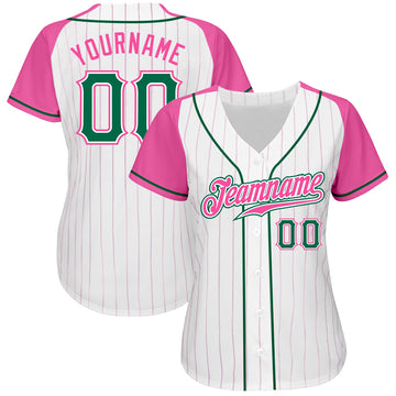 Custom White Pink Pinstripe Kelly Green-Pink Authentic Raglan Sleeves Baseball Jersey