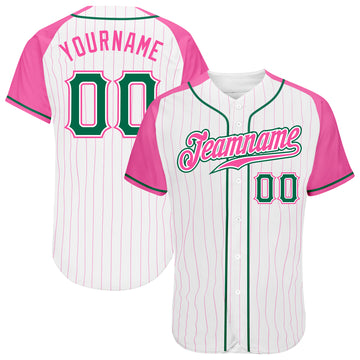 Custom White Pink Pinstripe Kelly Green-Pink Authentic Raglan Sleeves Baseball Jersey