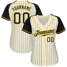 Загрузить изображение в средство просмотра галереи, Custom Cream Black Pinstripe Black-Gold Authentic Raglan Sleeves Baseball Jersey
