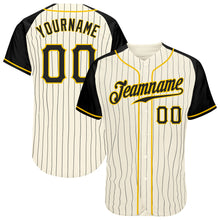 Загрузить изображение в средство просмотра галереи, Custom Cream Black Pinstripe Black-Gold Authentic Raglan Sleeves Baseball Jersey
