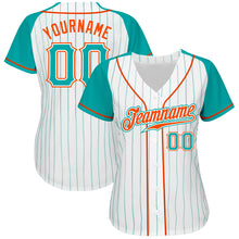 Загрузить изображение в средство просмотра галереи, Custom White Aqua Pinstripe Aqua-Orange Authentic Raglan Sleeves Baseball Jersey
