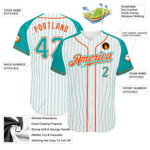 Custom White Aqua Pinstripe Aqua-Orange Authentic Raglan Sleeves Baseball Jersey