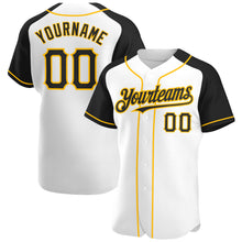 Загрузить изображение в средство просмотра галереи, Custom White Black-Gold Authentic Raglan Sleeves Baseball Jersey
