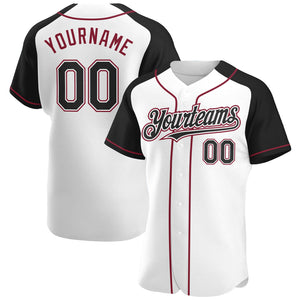 Custom White Black-Crimson Authentic Raglan Sleeves Baseball Jersey