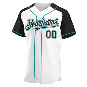 Custom White Black-Teal Authentic Raglan Sleeves Baseball Jersey