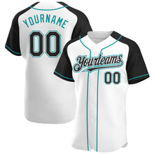 Загрузить изображение в средство просмотра галереи, Custom White Black-Teal Authentic Raglan Sleeves Baseball Jersey
