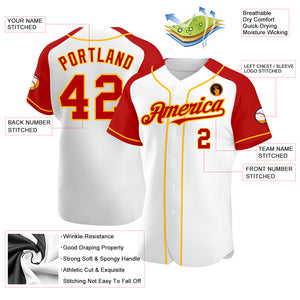 Custom White Red-Gold Authentic Raglan Sleeves Baseball Jersey