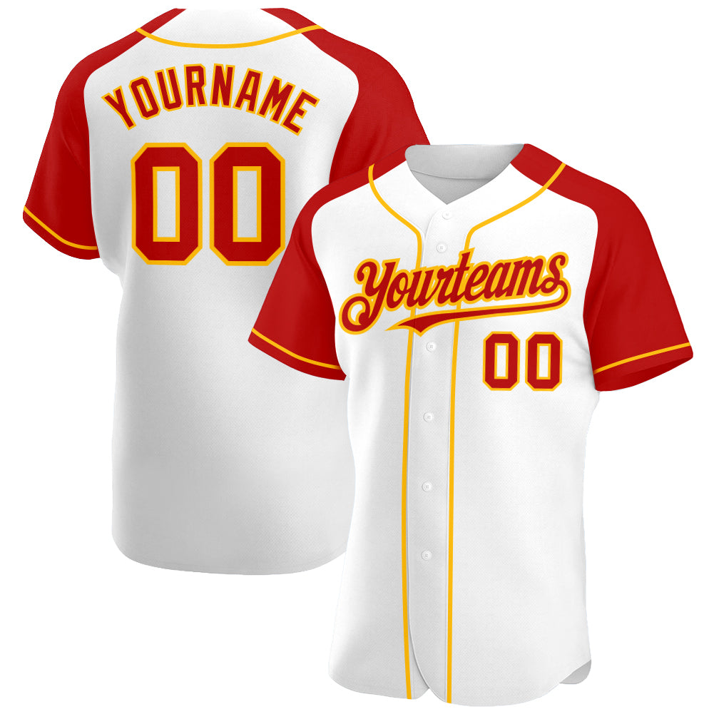 Custom White Red-Gold Authentic Raglan Sleeves Baseball Jersey