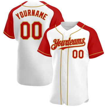 Custom White Red-Old Gold Authentic Raglan Sleeves Baseball Jersey