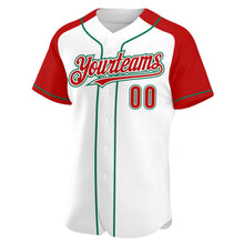 Laden Sie das Bild in den Galerie-Viewer, Custom White Red-Kelly Green Authentic Raglan Sleeves Baseball Jersey
