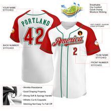 Laden Sie das Bild in den Galerie-Viewer, Custom White Red-Kelly Green Authentic Raglan Sleeves Baseball Jersey
