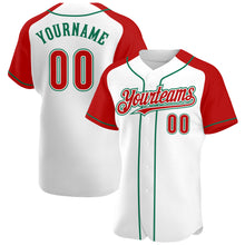 Laden Sie das Bild in den Galerie-Viewer, Custom White Red-Kelly Green Authentic Raglan Sleeves Baseball Jersey
