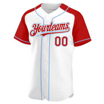 Custom White Red-Light Blue Authentic Raglan Sleeves Baseball Jersey