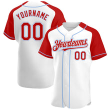 Загрузить изображение в средство просмотра галереи, Custom White Red-Light Blue Authentic Raglan Sleeves Baseball Jersey
