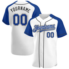 Laden Sie das Bild in den Galerie-Viewer, Custom White Royal-Black Authentic Raglan Sleeves Baseball Jersey
